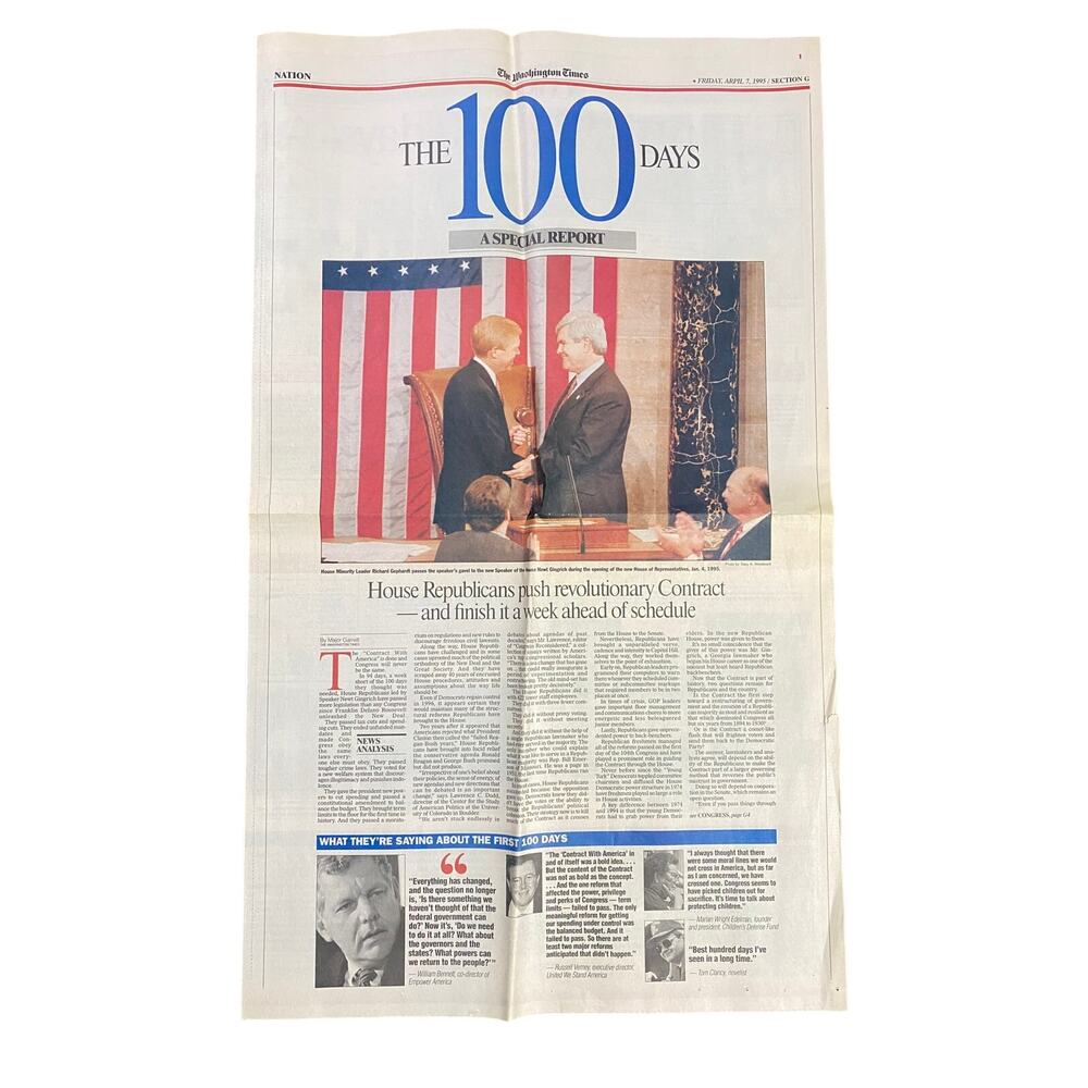 Washington Times Newspaper Newt Gingrich 100 Days April 7 1995 Section G Insert